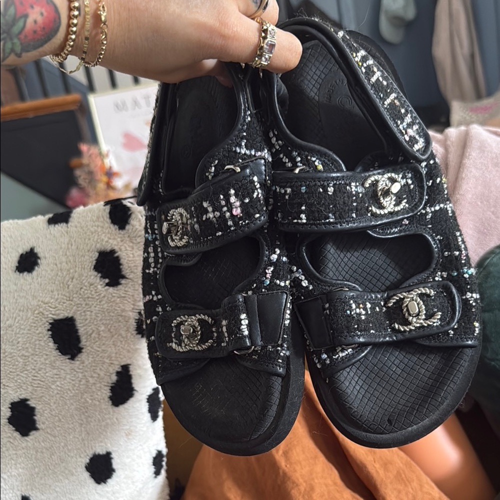 Chanel tweed buckle sandals
